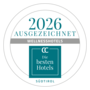 Round seal marking 2026 award-winning wellness hotels, CC Die besten Hotels Südtirol