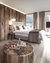 Modern hotel room with wood elements, bed and glass shower