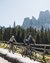 Two cyclists riding on a mountain trail with wooden fence and mountains in background